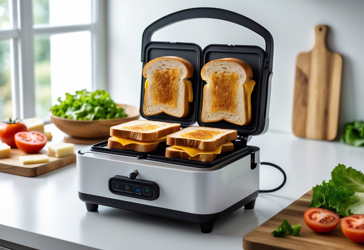 Sanduicheira aberta com sanduíches tostados e ingredientes frescos em uma cozinha iluminada.